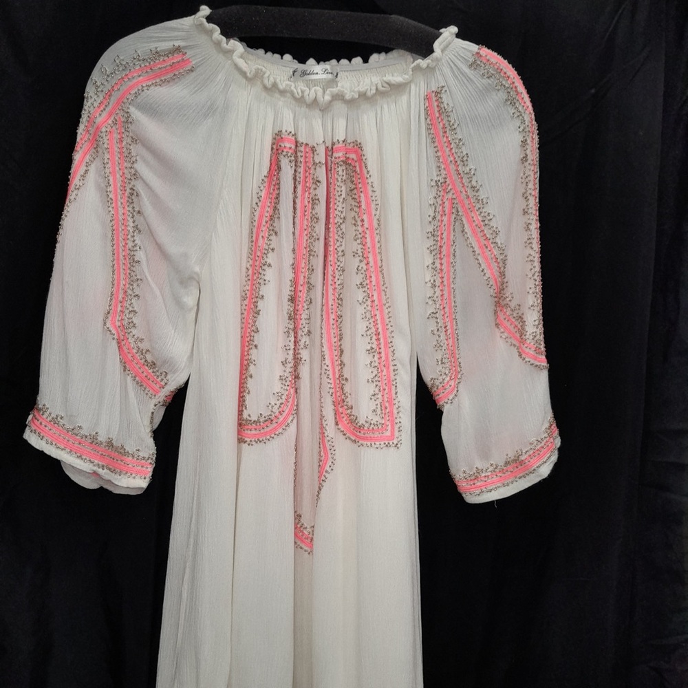 Rayon white dress with coral pink embroidery-large